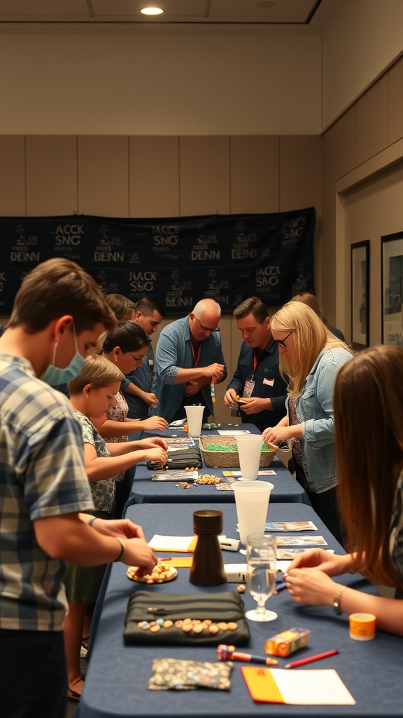 Group of people engaging in crafting activities at a blue jean themed baby shower.