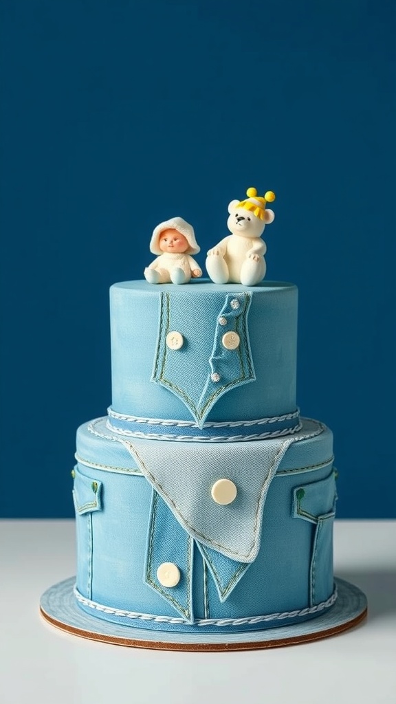A two-tiered cake designed to look like blue jeans, featuring pockets and buttons, with cute figurines of a baby and a bear on top.