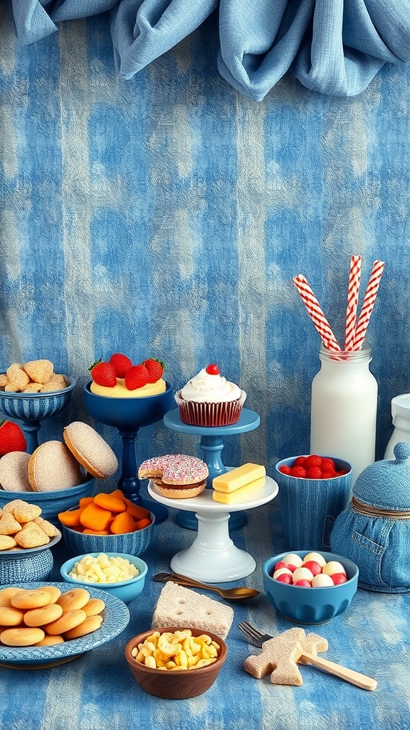 A blue jean themed dessert bar featuring cupcakes, strawberries, macarons, and various sweets on blue and white serving dishes.