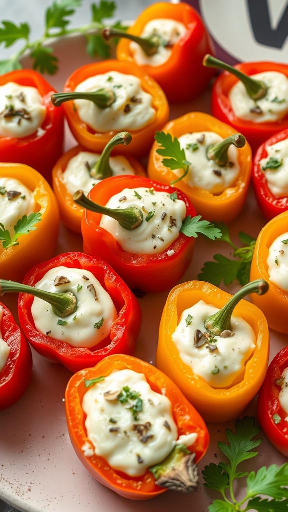 A plate of colorful cheese-stuffed mini peppers, filled with creamy cheese and garnished with herbs.