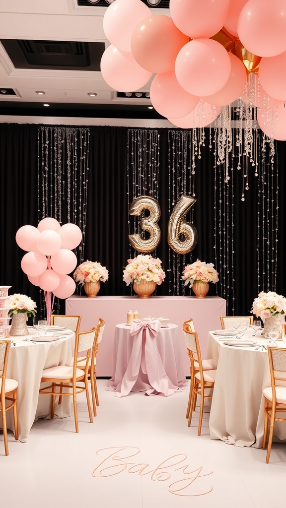 Chic pink and gold baby shower setup with balloons, floral arrangements, and elegant table settings.