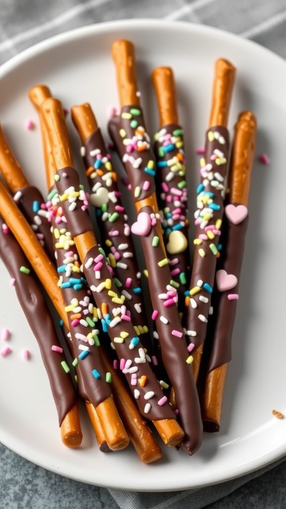 A plate of chocolate-dipped pretzel rods decorated with colorful sprinkles