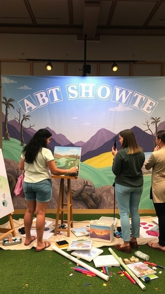 Guests participating in a collaborative art project at a baby shower.