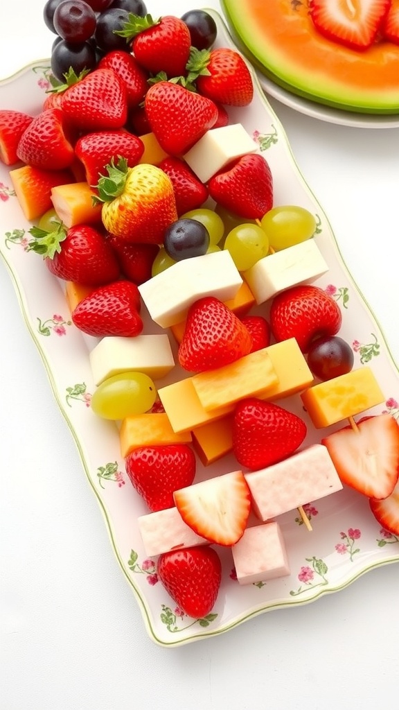 Colorful fruit skewers with strawberries, grapes, and cheese on a decorative platter.