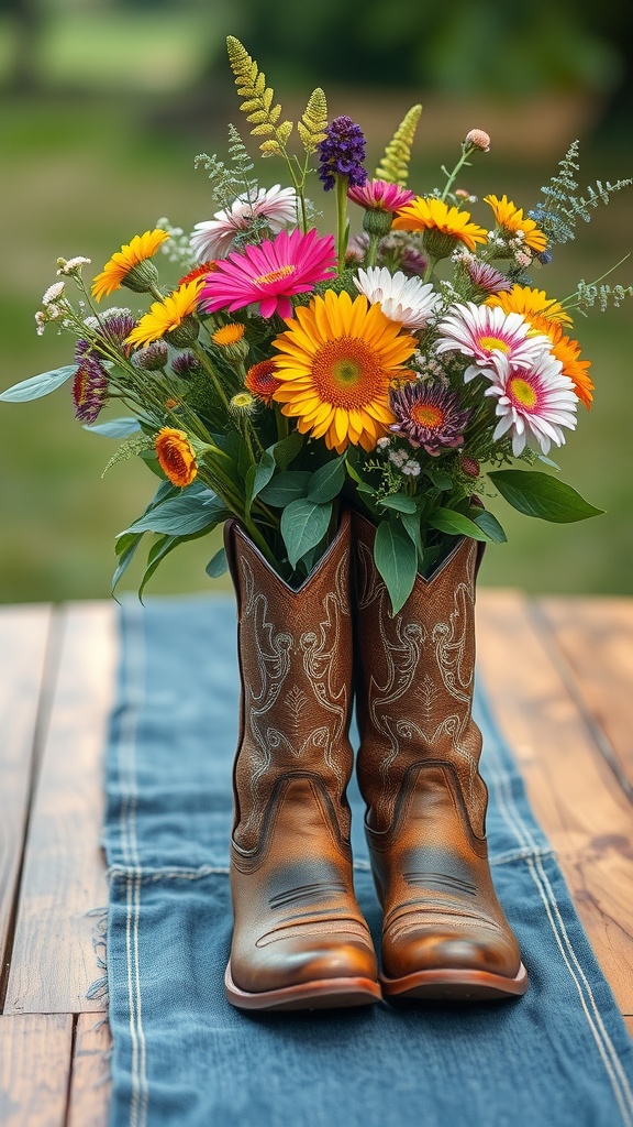 Cowboy boots filled with colorful flowers on a wooden table