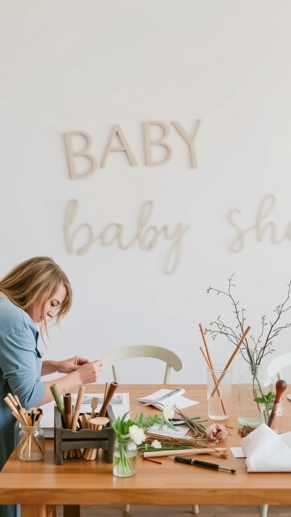 A woman crafting at a table with local materials for a baby shower.