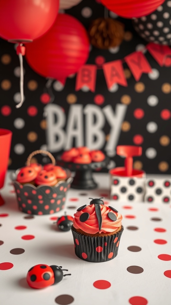 A colorful baby shower setup featuring ladybug-themed decorations, cupcakes, and polka dot patterns.