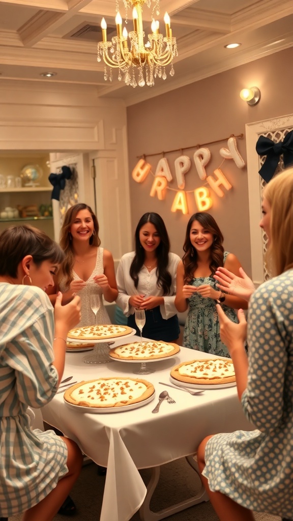 A group of friends enjoying a pie-themed baby shower with pies on the table and a cheerful atmosphere.
