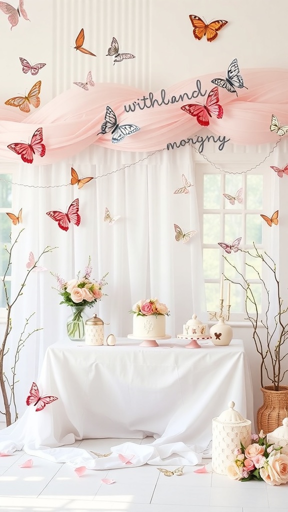 A beautifully decorated baby shower setting with pink fabric, flowers, and butterflies.