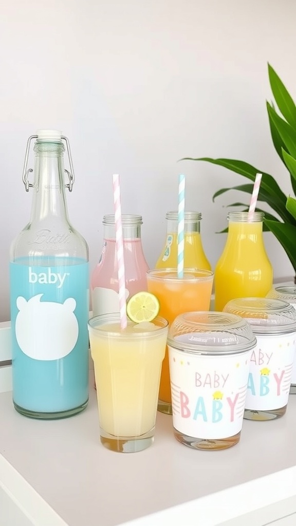 A decorative drink station for a baby shower featuring colorful beverages in glass bottles and cups.