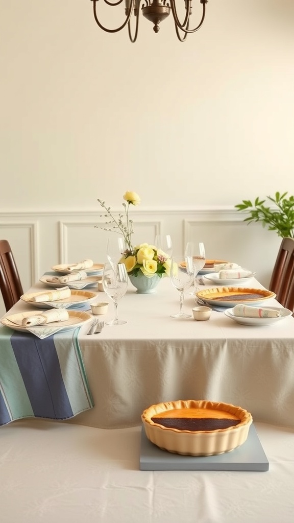 A beautifully set table for a baby shower featuring pie dishes, elegant glassware, and a floral centerpiece.