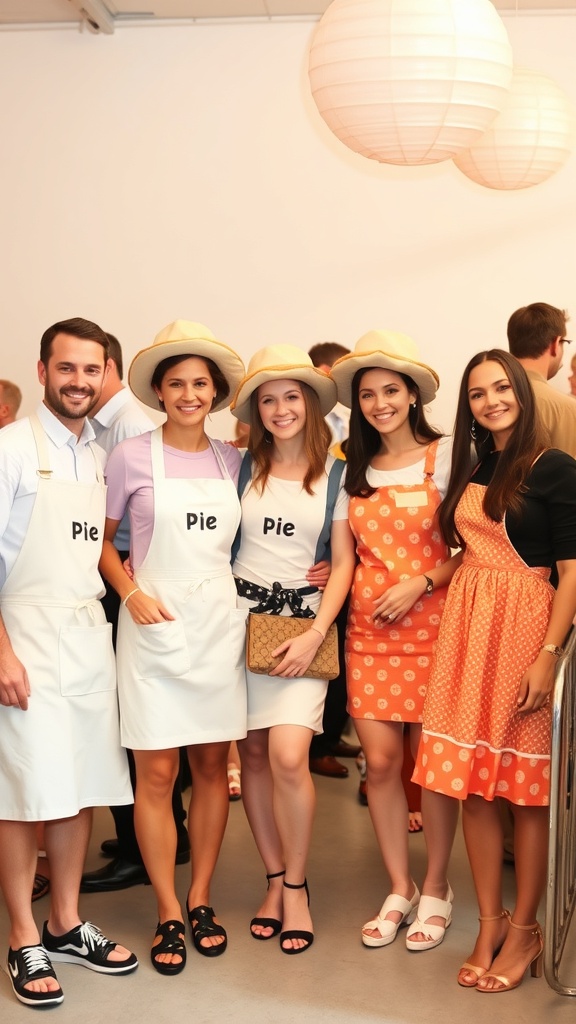 Group of friends in pie-themed attire at a baby shower