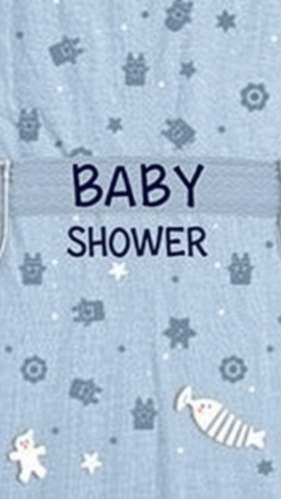Denim-inspired baby shower invitation featuring a blue background with playful patterns and bold text.