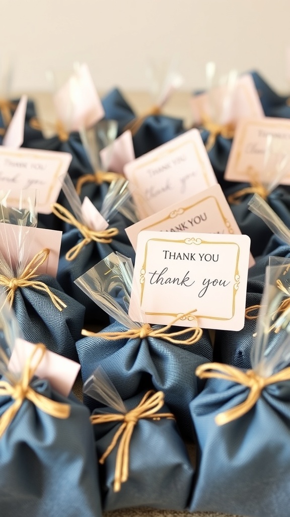 Denim-themed party favors wrapped in blue fabric with gold bows and thank-you tags
