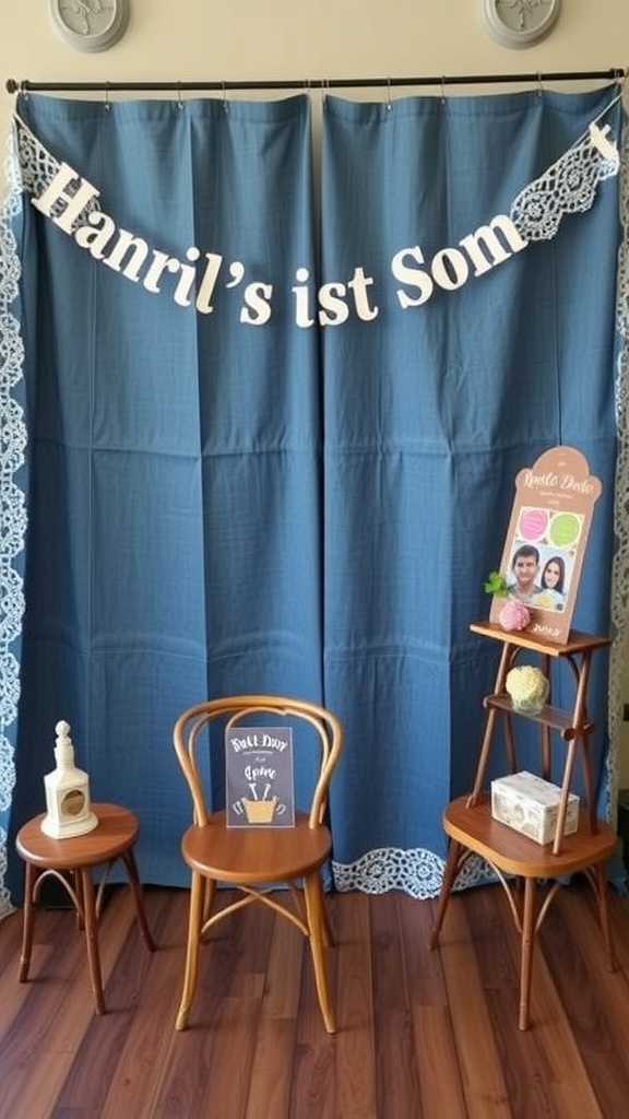 Denim and lace photo booth setup with blue backdrop and wooden chairs