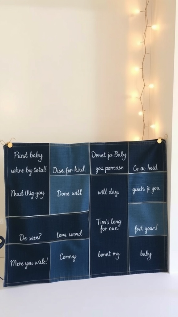 A denim quilt guest book with handwritten messages on squares of denim, decorated for a baby shower.