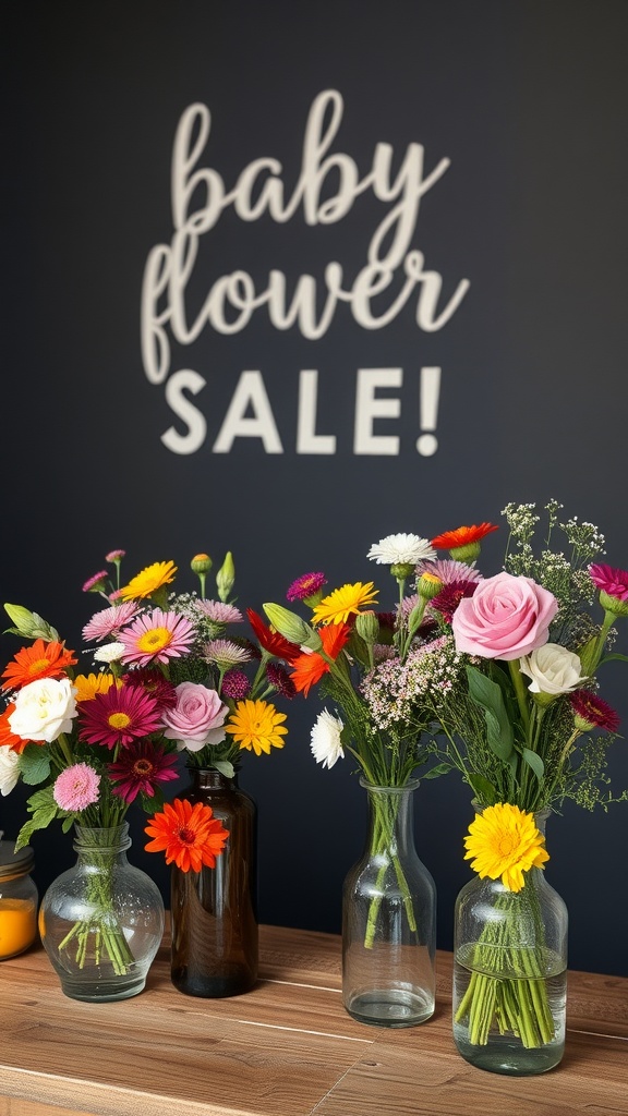 Colorful flower arrangements in glass vases with a sign that reads 'Baby Flower Sale!'