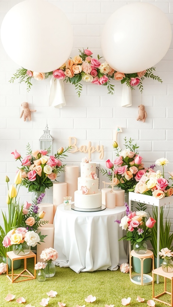 A beautifully decorated baby shower setup featuring floral arrangements, a cake, and balloons.
