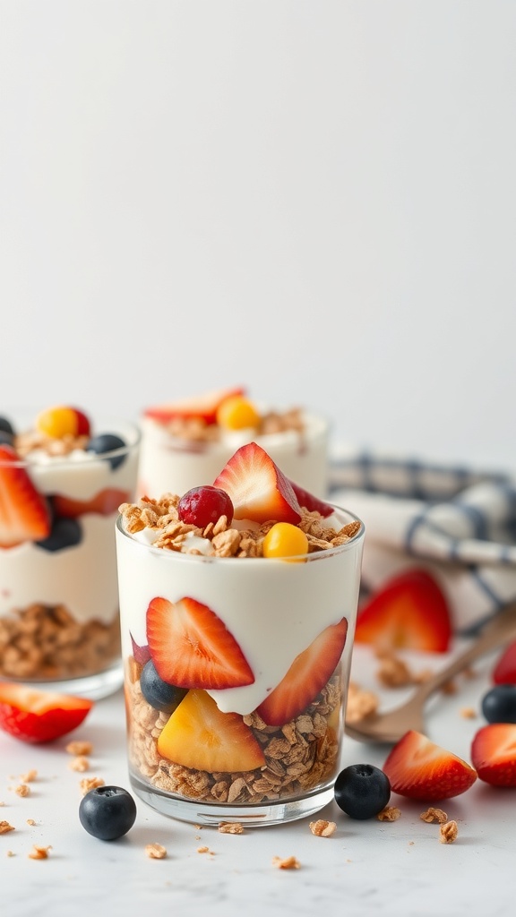 Colorful fruit and yogurt parfaits in clear glasses with layers of yogurt, granola, and fresh fruits.
