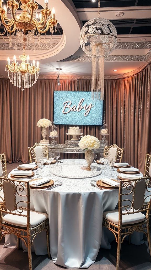 Elegant baby shower setup with sparkling decorations, golden chairs, and a chandelier.