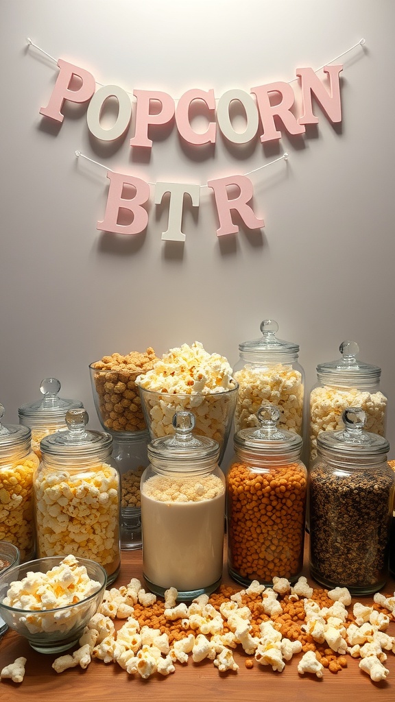 A gourmet popcorn bar with various flavors displayed in glass jars, featuring a 'Popcorn Bar' sign.