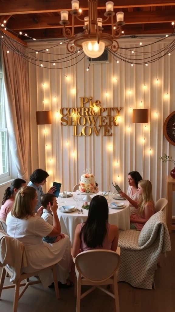 A cozy baby shower setting with guests gathered around a table, reading and enjoying a pie-themed celebration.