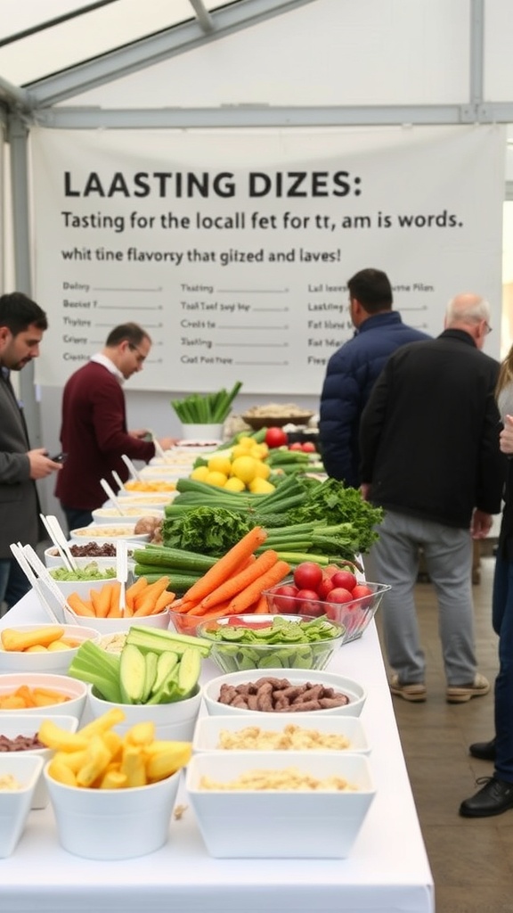 A colorful display of fresh produce at a tasting event, featuring fruits and vegetables in bowls with people sampling.