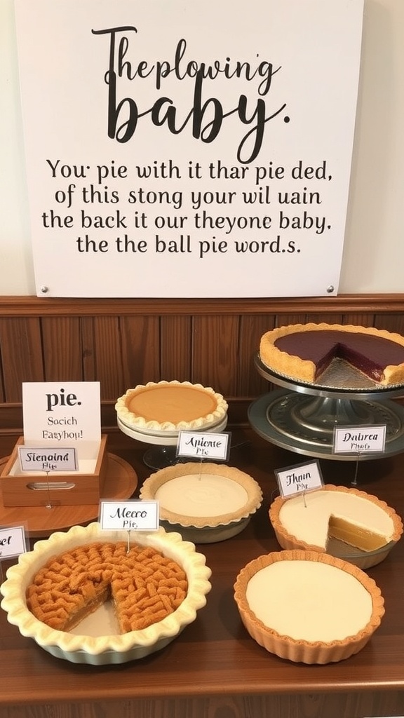 A pie sampling station with various pies and a playful sign for a baby shower.