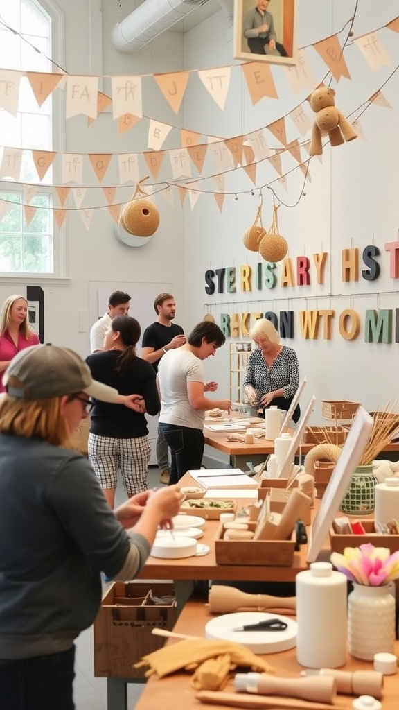 People participating in a craft station at a baby shower, with tables filled with supplies and decorations.