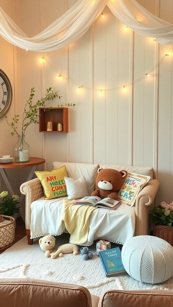 A cozy storytelling corner with a couch, pillows, plush toys, and books, decorated with soft lighting.