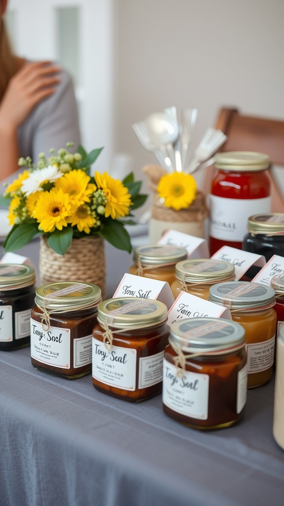 Display of locally sourced jars with homemade goods and flowers on a table.