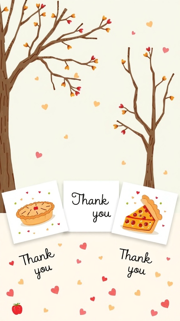 Illustration of pie-themed thank you cards with hearts and trees.