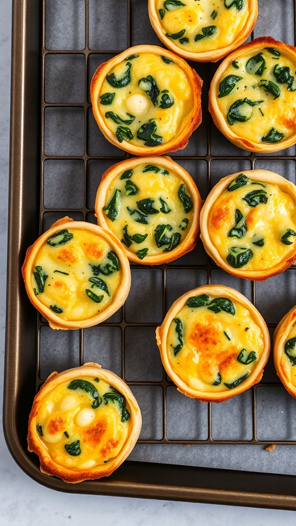 Mini quiches with spinach and cheese on a baking tray