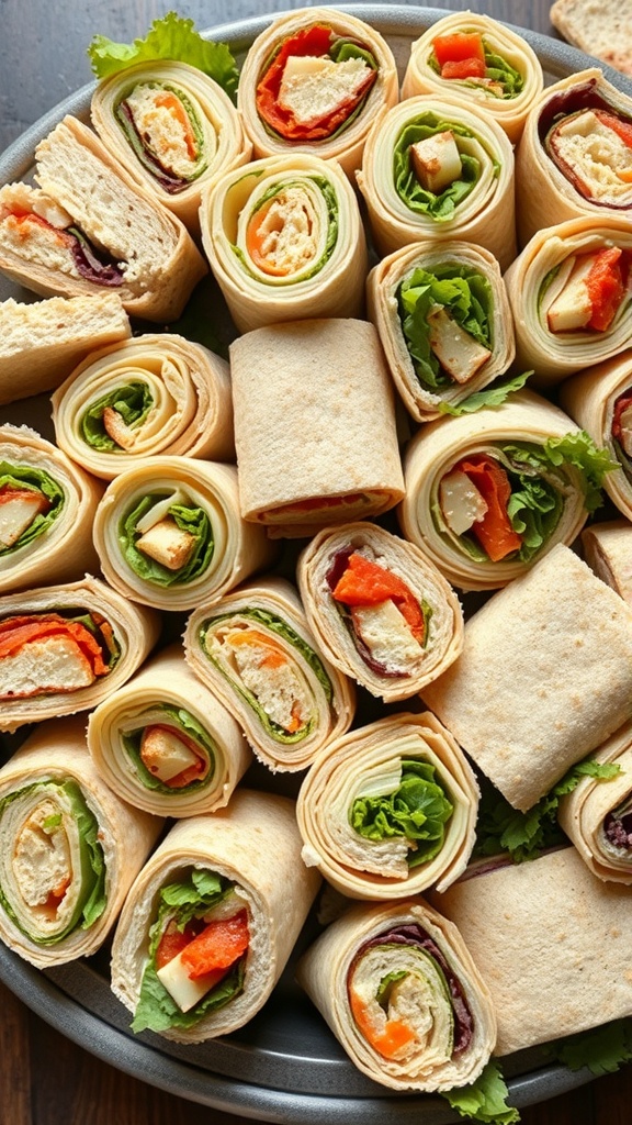 A platter filled with colorful mini sandwiches and wraps, showcasing fresh ingredients.