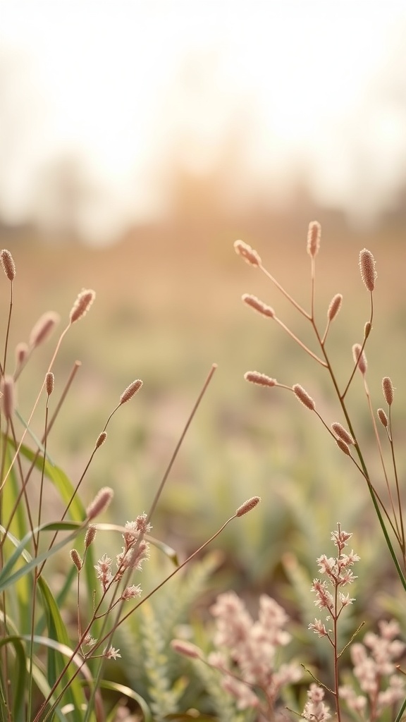A close-up of delicate grasses and flowers in a natural setting, capturing the essence of nature.