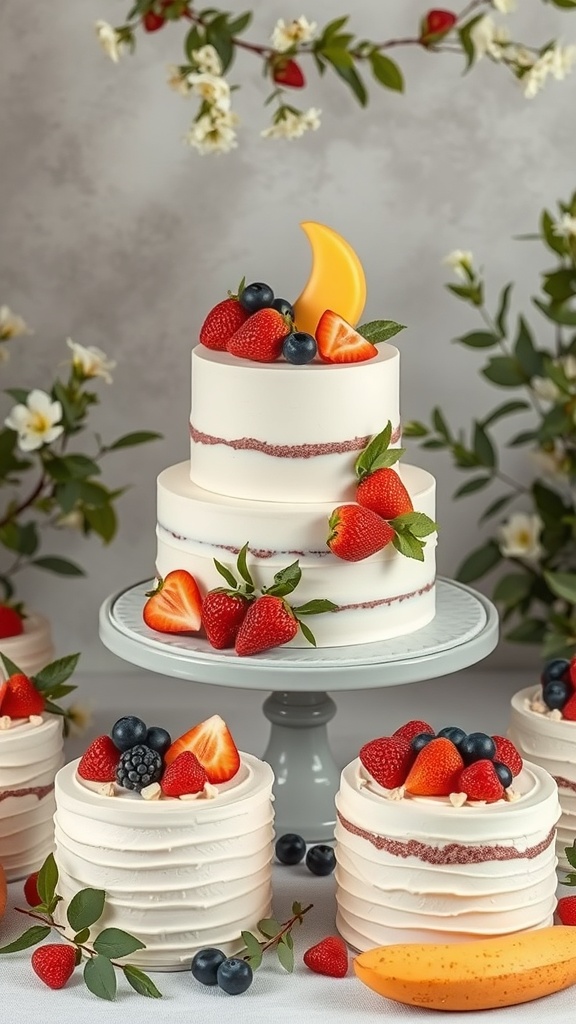 A beautifully decorated organic baby shower cake with fresh fruits and a crescent moon design.