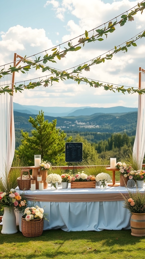An outdoor baby shower setup with a beautiful view of mountains and greenery, featuring a decorated table with flowers and candles.