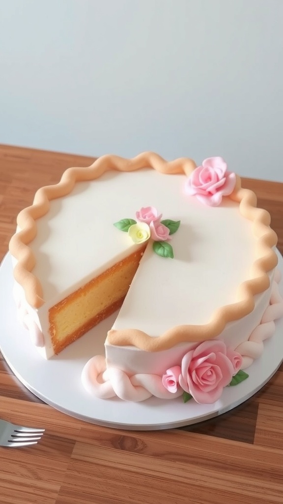 A beautifully designed cake resembling a pie, decorated with pastel roses and a slice cut out.