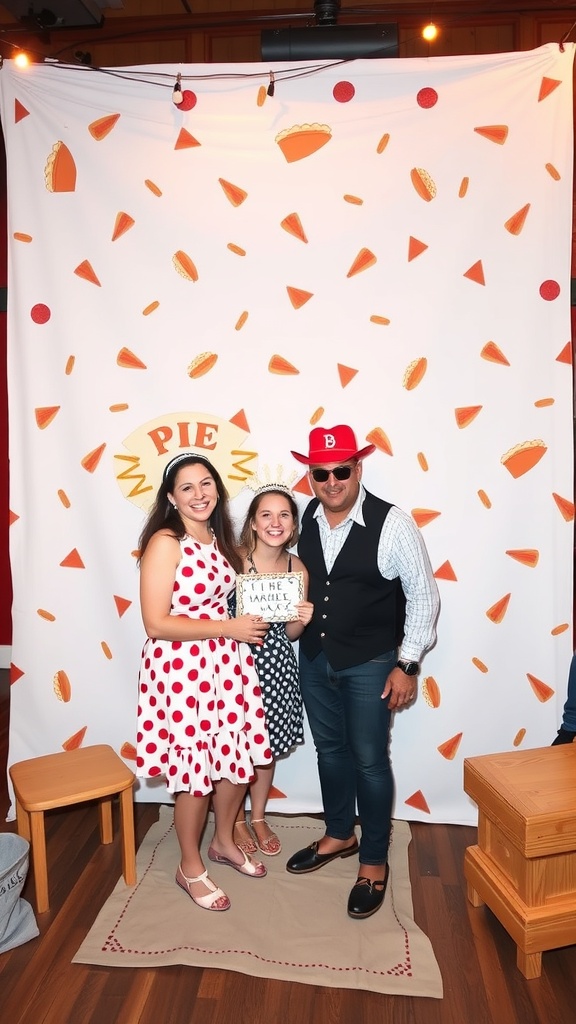 A playful photo booth setup for a baby shower featuring a pie-themed backdrop and guests posing with props.