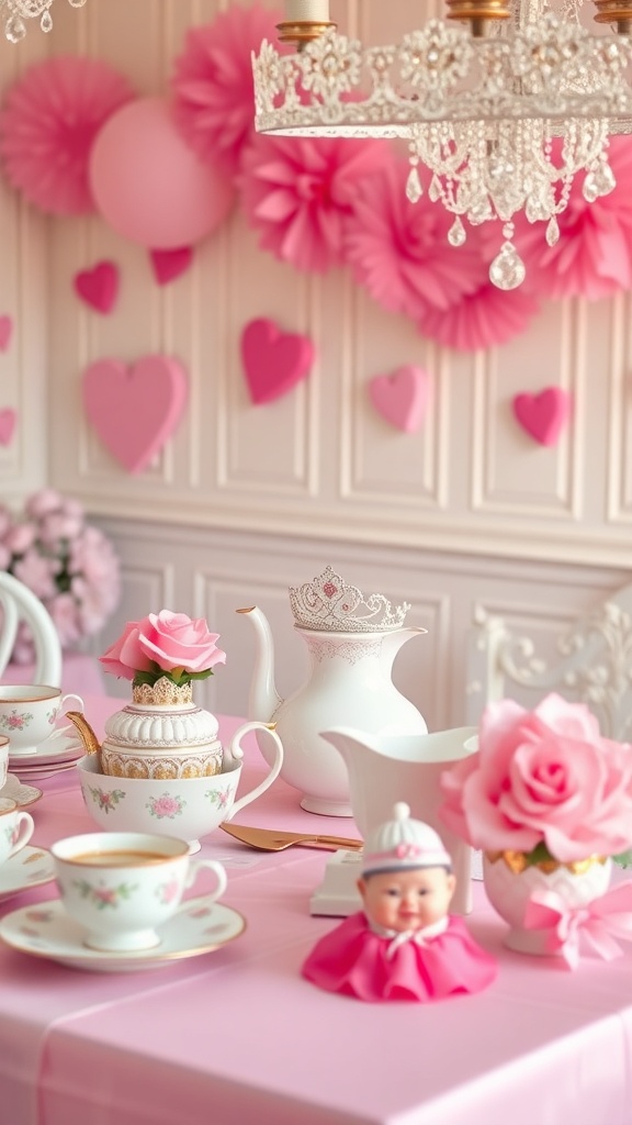 A beautifully decorated table for a Princess Tea Party, featuring pink decor, elegant tea sets, and a charming centerpiece.