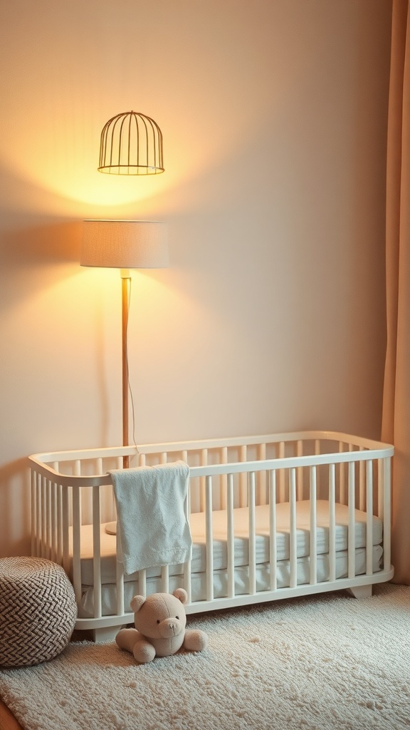 A softly lit nursery featuring a crib, a lamp, and a teddy bear on a plush rug.