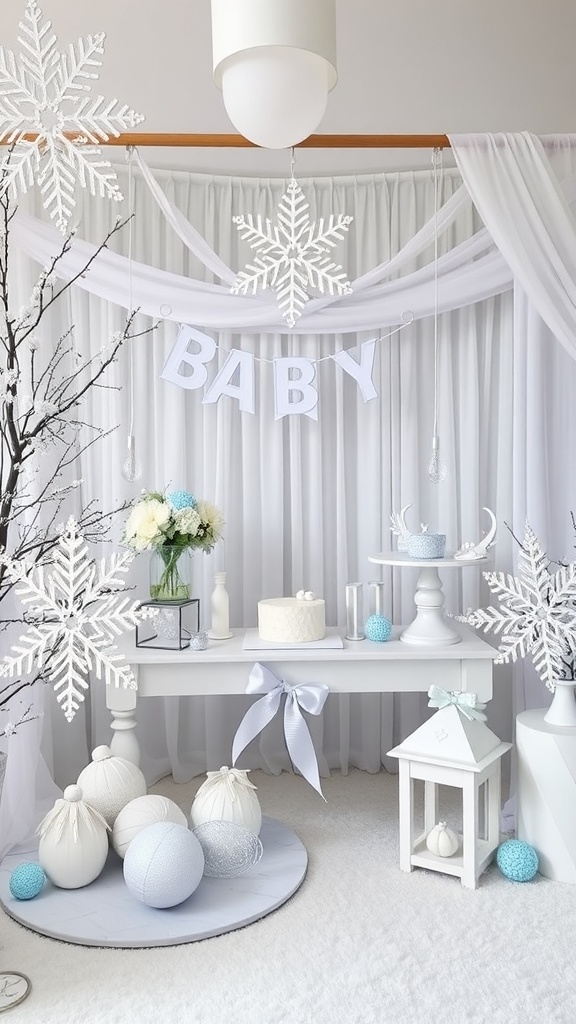 A beautifully decorated Winter Wonderland baby shower setup featuring white and blue colors, snowflake decorations, and a cozy table.