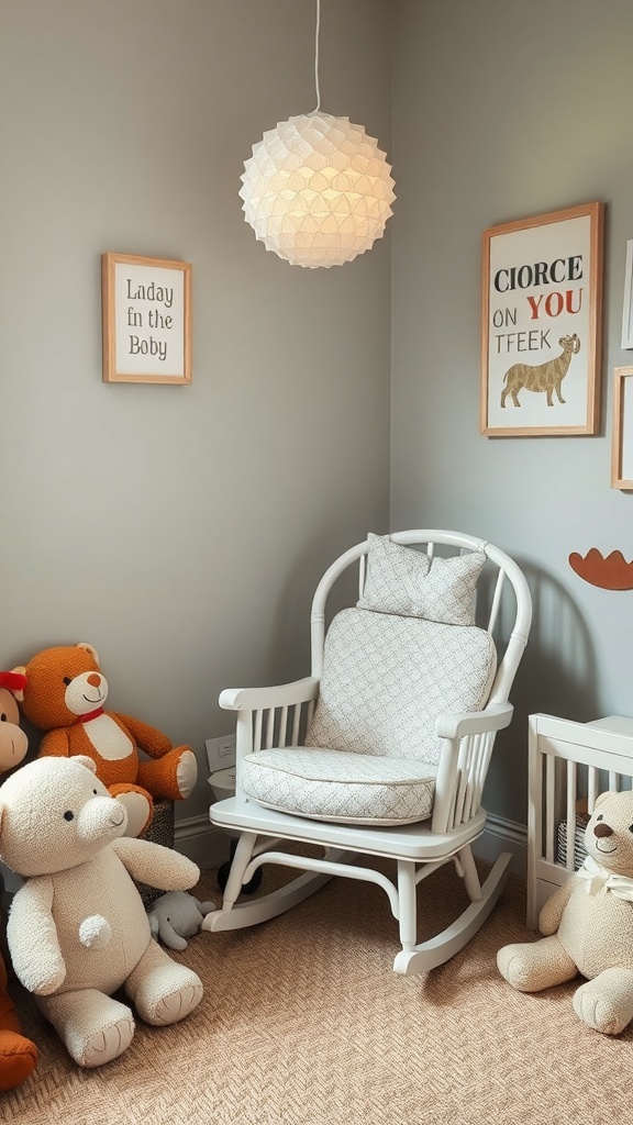 A cozy nursery corner featuring a compact rocking chair surrounded by plush toys and soft lighting.