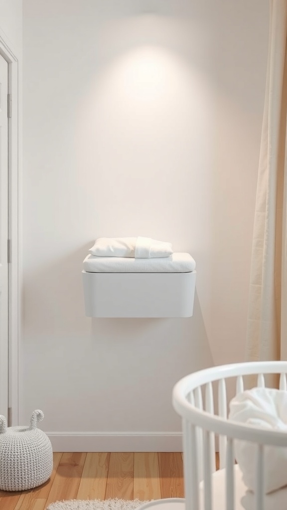 A compact wall-mounted changing station with a towel on top, set against a light wall.