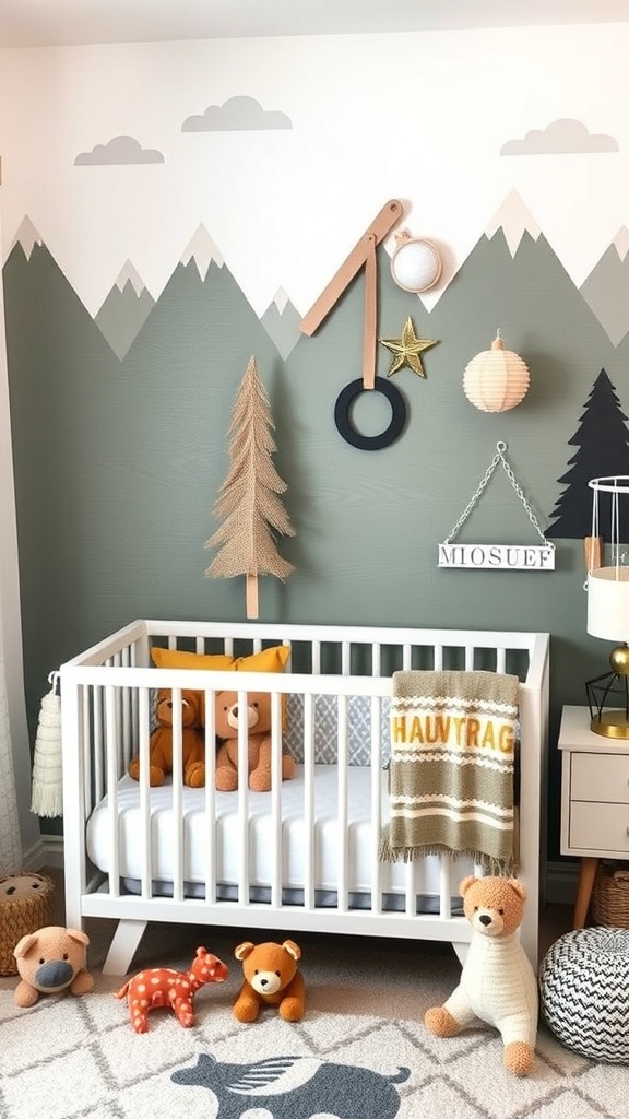 A cozy adventure-themed nursery for a boy with mountain wall decor, soft toys, and a crib.