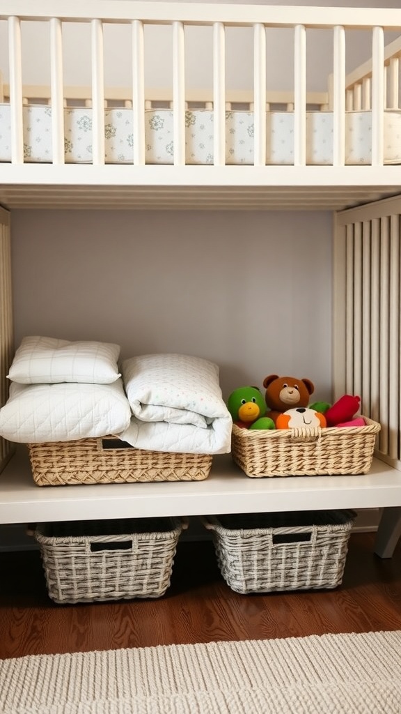 Under-crib storage with baskets holding blankets and toys
