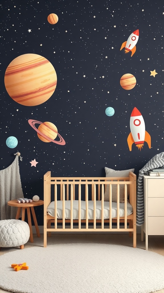 A cozy baby nursery with a space theme, featuring a crib, planets, rockets, and stars on the walls.
