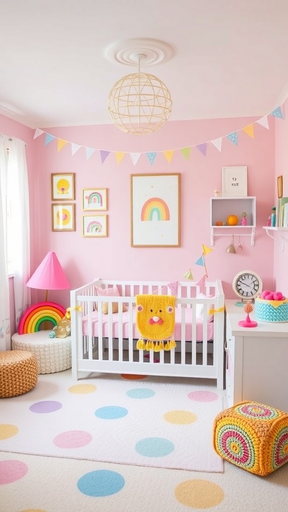 A whimsical baby nursery with pink walls, a white crib, colorful decor, and playful elements.