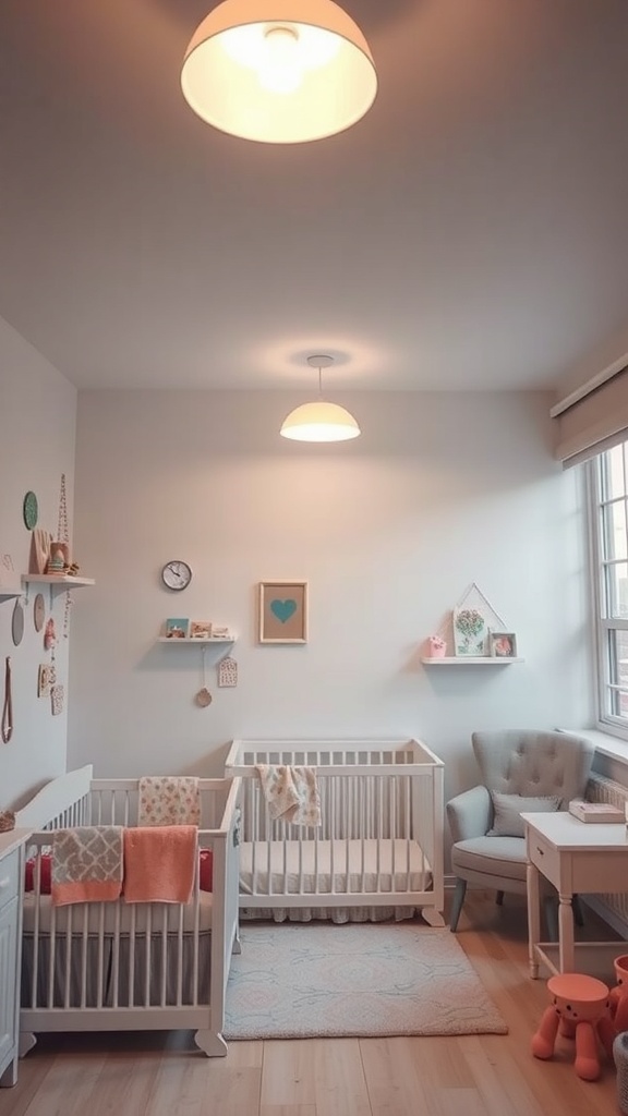 A nursery with adjustable lighting fixtures and soft decor.