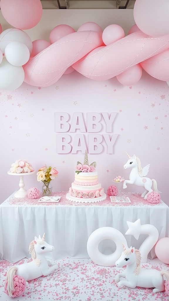 A beautifully decorated baby shower table featuring a unicorn theme with a pink cake, unicorn figurines, and pastel balloons.